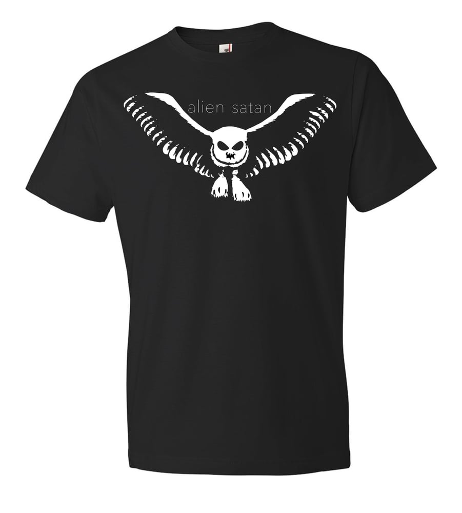 Image of OFFICIAL - ALIEN SATAN - UNISEX BLACK SHIRT - "OWL" LOGO.