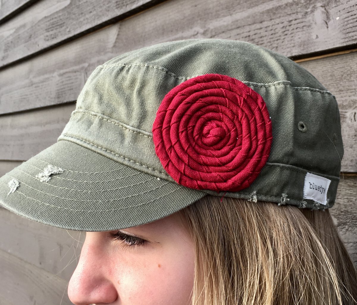 Image of Olive Hat/Deep Red Fabric Flower
