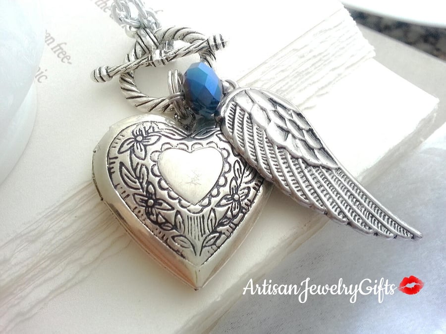 Image of Silver Heart Locket Angel Wing Necklace Birthstone Necklace Silver Locket Valentine's Day Gift