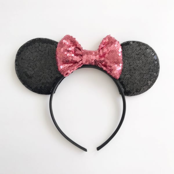 Image of Black sequin mouse ears with peony sequin bow