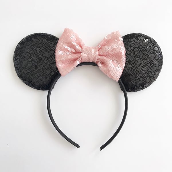 Image of Black sequin mouse ears with blush sequin bow