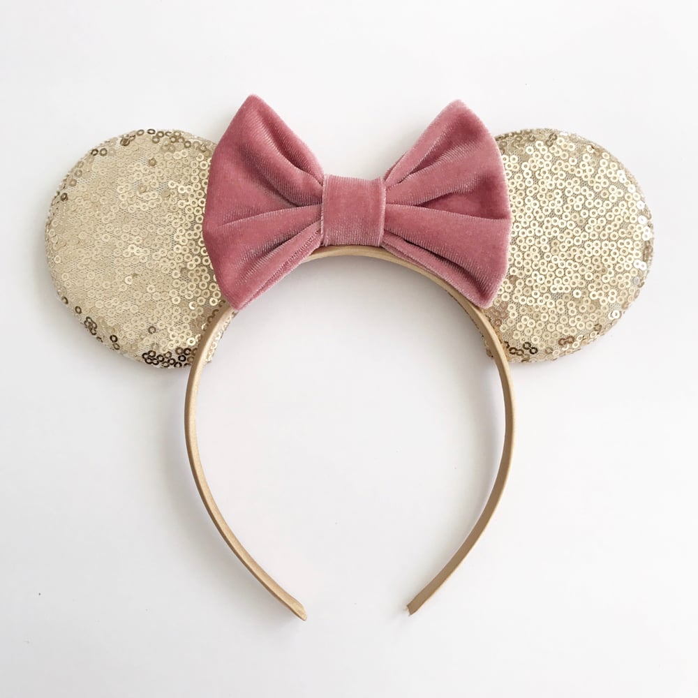 Image of Gold sequin mouse ears with dusty rose velvet bow