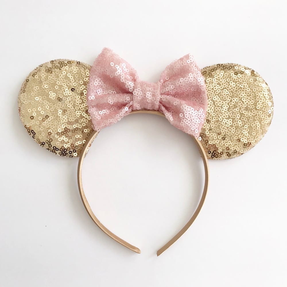 Image of Gold sequin mouse ears with blush sequin bow