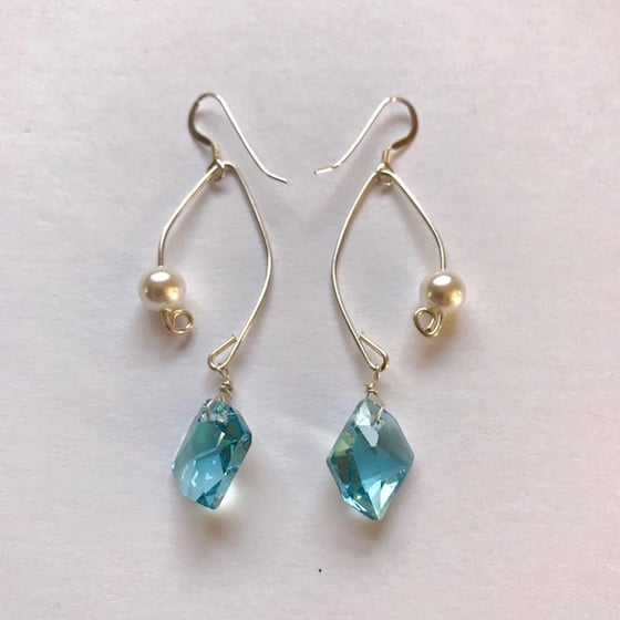 Image of Aquamarine Crystal and Pearl Fish Lure Inspired Earrings