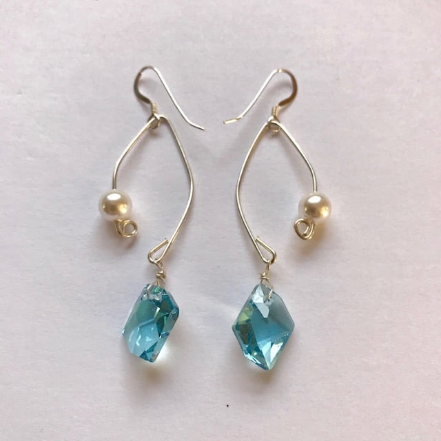 Image of Aquamarine Crystal and Pearl Fish Lure Inspired Earrings