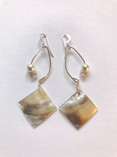 Image of Fish Lure Inspired Abalone and Pearl Earrings