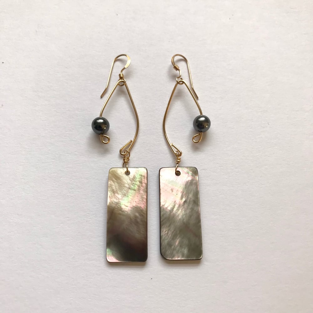 Image of 14 K Gold Filled Fish Lure Inspired Earrings- Abalone and Black Pearl