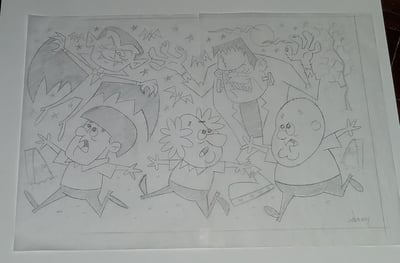 Image of THE THREE STOOGES MEET THE MONSTERS 12x17 PENCIL SKETCH