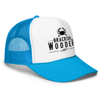 Image 7 of Brackish Wooder Foam Trucker Hat – Black Logo with Chesapeake Blue Crab | Snapback Mesh Cap