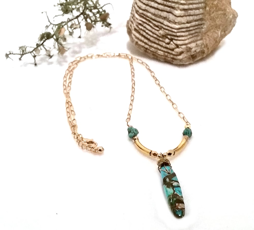 Image of Turquoise Dagger Pendant Gold Bar Bohemian Y Necklace