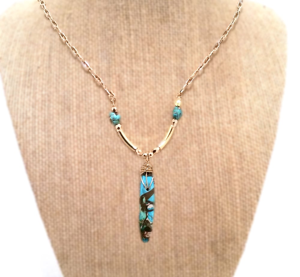 Image of Turquoise Dagger Pendant Gold Bar Bohemian Y Necklace