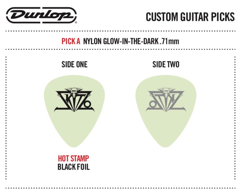 Image of SKITZO custom Dunlop glow in the dark guitar picks.