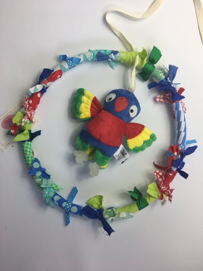 Image of Rainbow Lorikeet Birdie Ring Window Mobile RED, GREEN and BLUES