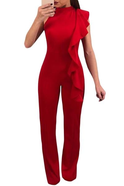 red sleeveless jumpsuit