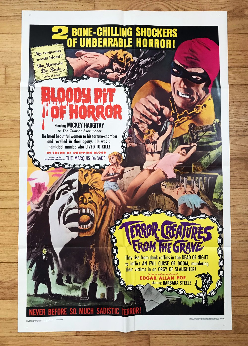 1967 BLOODY PIT OF HORROR/TERROR CREATURES FROM THE GRAVE Original U.S. Double-Bill One Sheet Poster