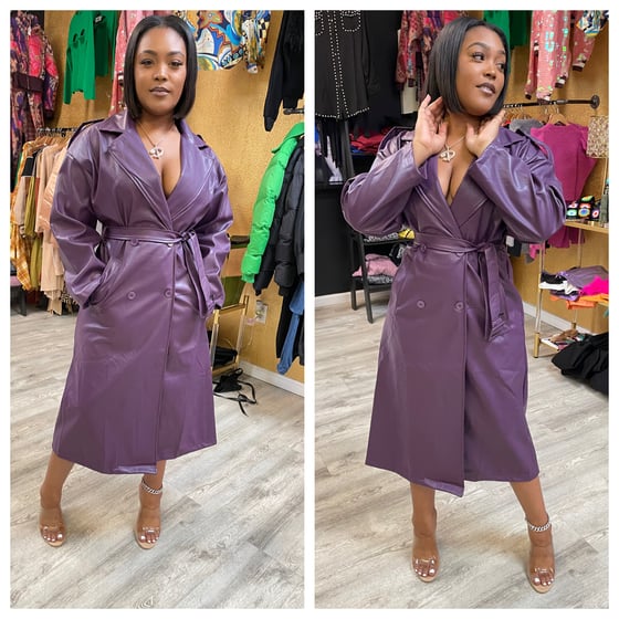 Image of PURPLE FAUX LEATHER TRENCH
