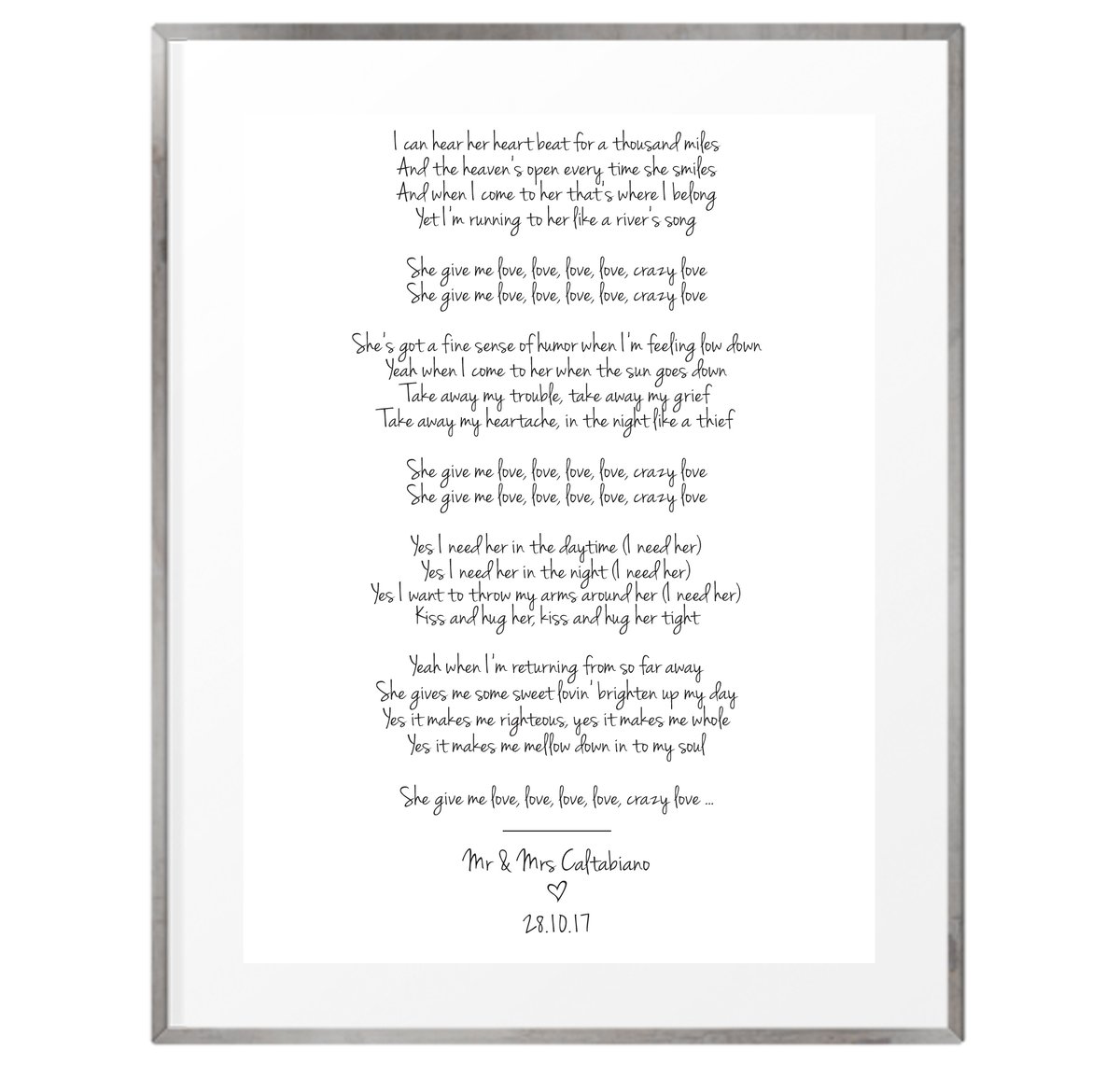Wedding song lyrics personalised print / Just Because Prints