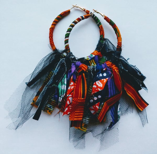 Image of "Mini Whirlwind" Ankara & Denim Earrings