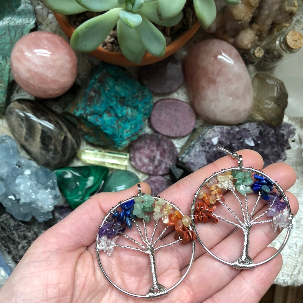 Image of Large Silver Hoop Earrings with 7 Chakra Gems + Crystals