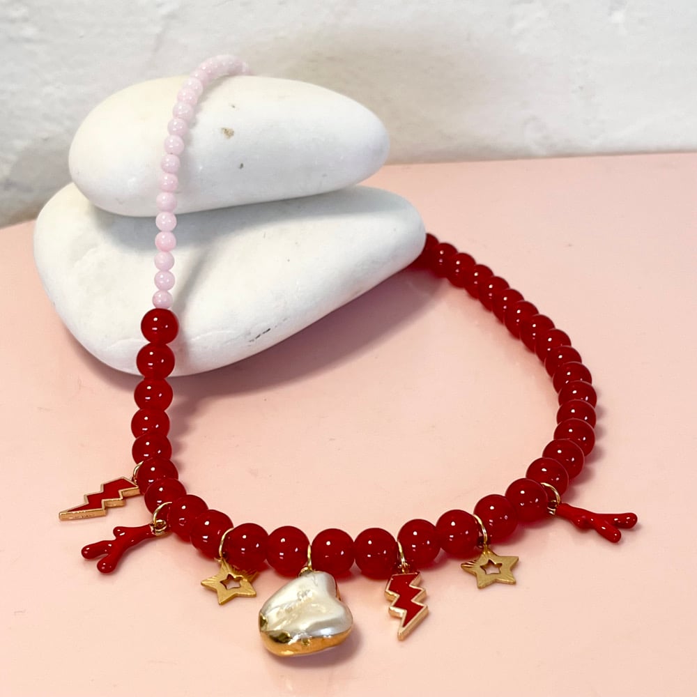 Image of Pink and Red glass bead necklace with pearl, lightning bolts and coral drops