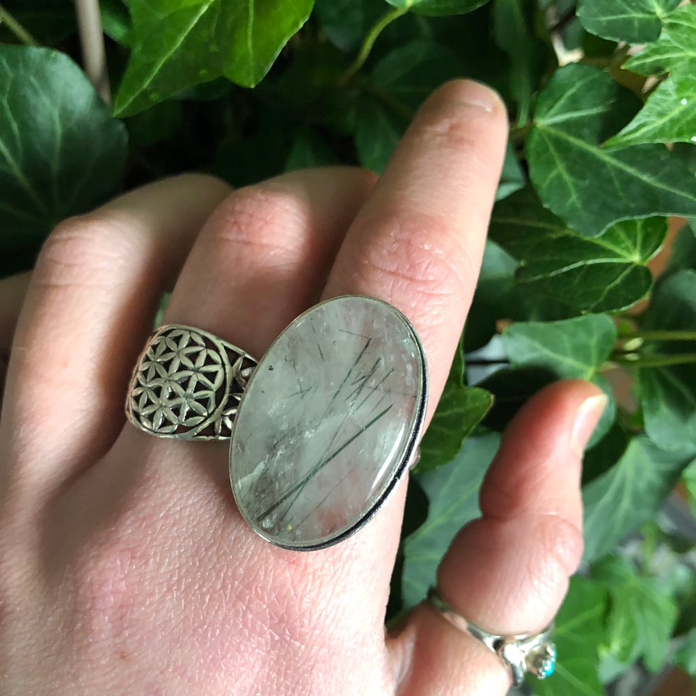 Image of Green Tourmalated Quartz Crystal Sterling Silver Ring (8.5-9)