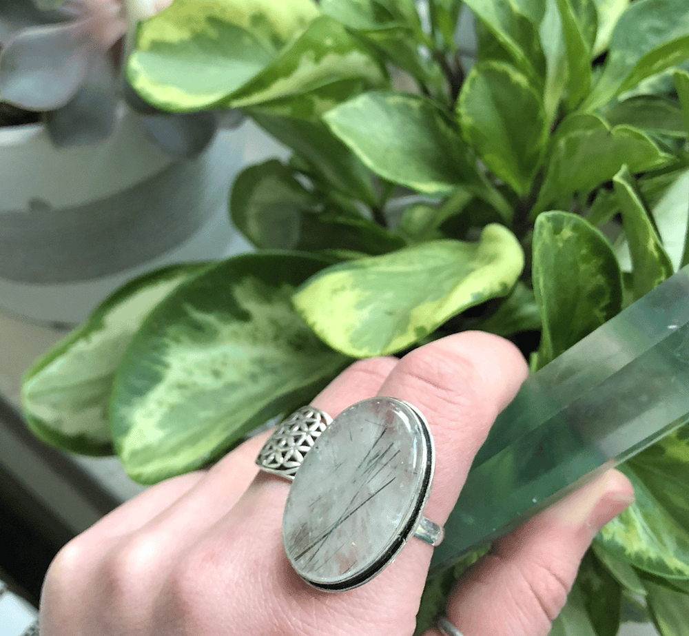 Image of Green Tourmalated Quartz Crystal Sterling Silver Ring (8.5-9)