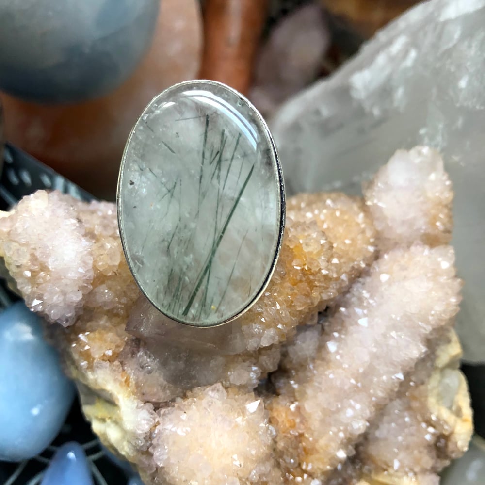 Image of Green Tourmalated Quartz Crystal Sterling Silver Ring (8.5-9)