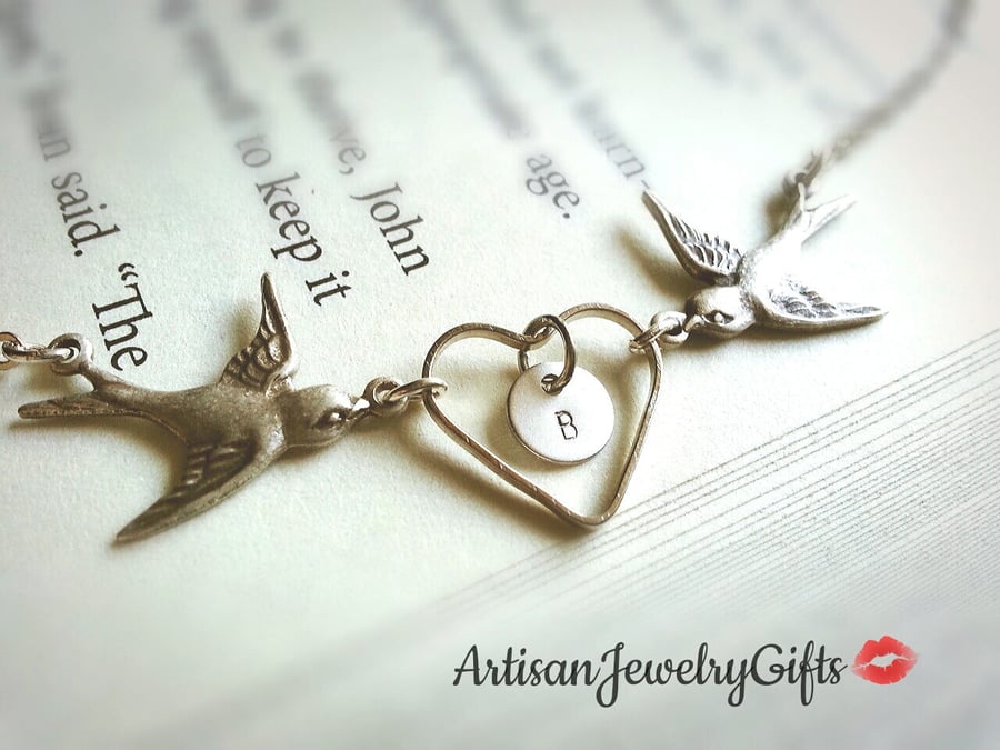 Image of Silver Sparrows Engraved Initial Necklace Heart Necklace Love Birds Necklace