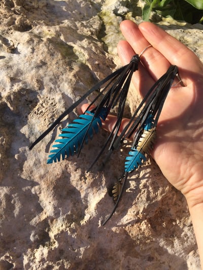 Image of Blue and Gold Tassel Feather Upcycled Innertube Earrings