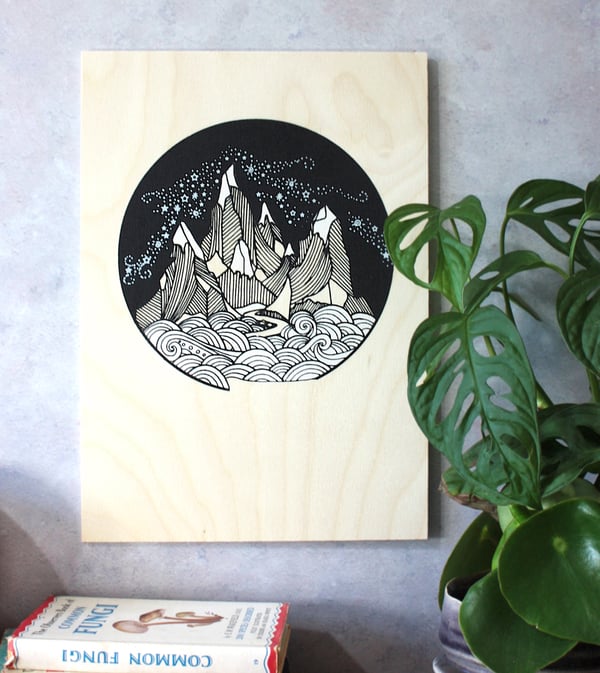Image of Mountains are calling A4 print on plywood