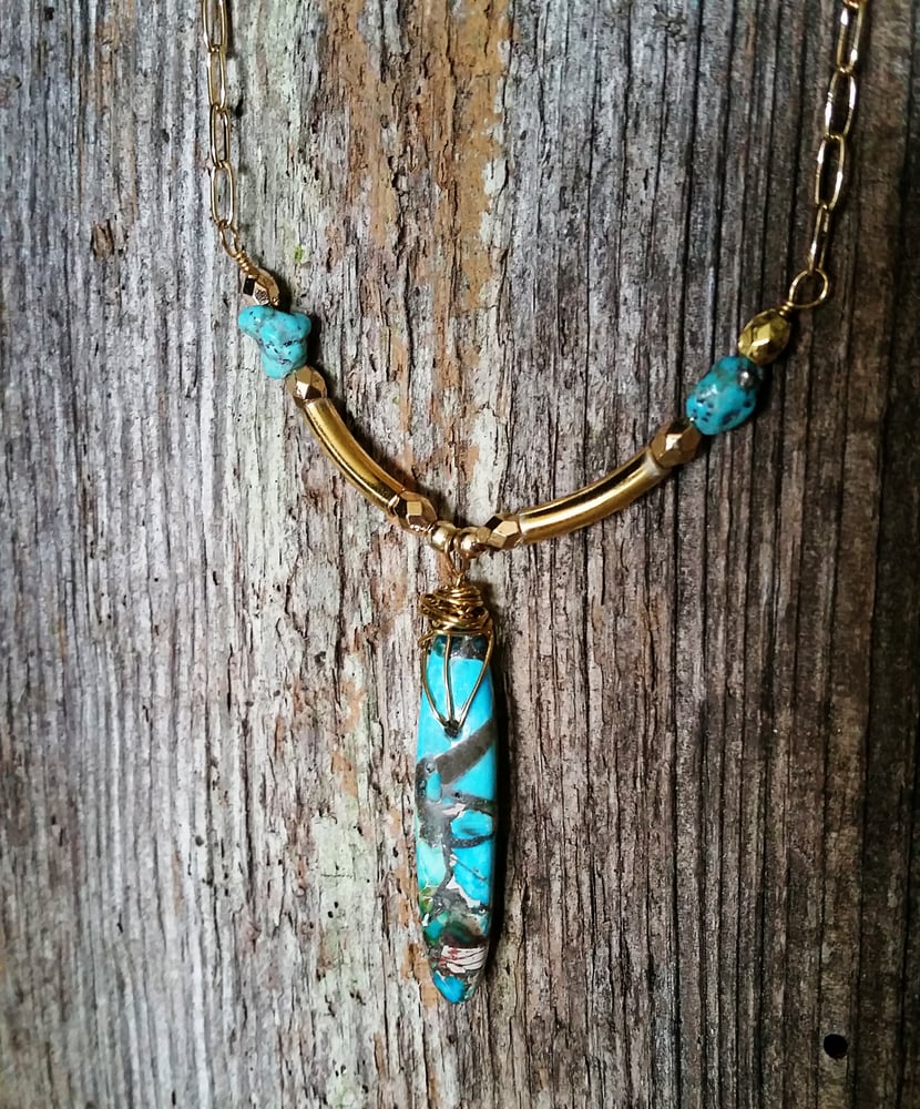 Image of Turquoise Dagger Pendant Gold Bar Bohemian Y Necklace