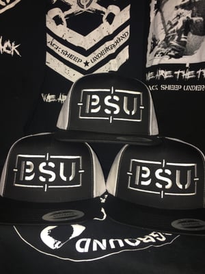 Image of BSU Resistance EMB Hat Black/White 5 panel mesh snapback hat