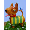 Hand-sculpted Yellow Dog in Striped Sweater with Blue Bird Clay Figure