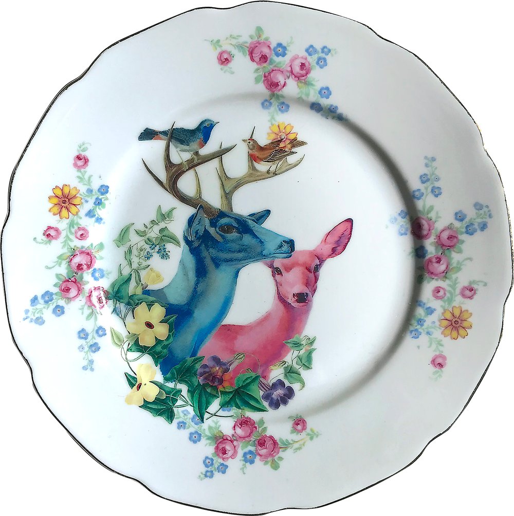 Image of Deer Couple - Vintage Bohemian Porcelain Plate - #0539