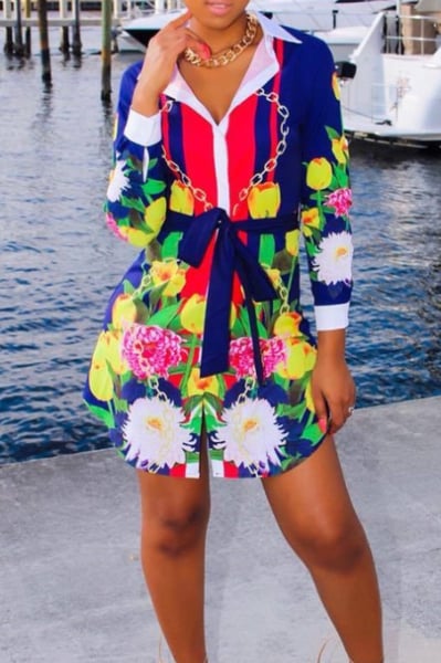 Image of Cute Flower Belted Shirt Dress