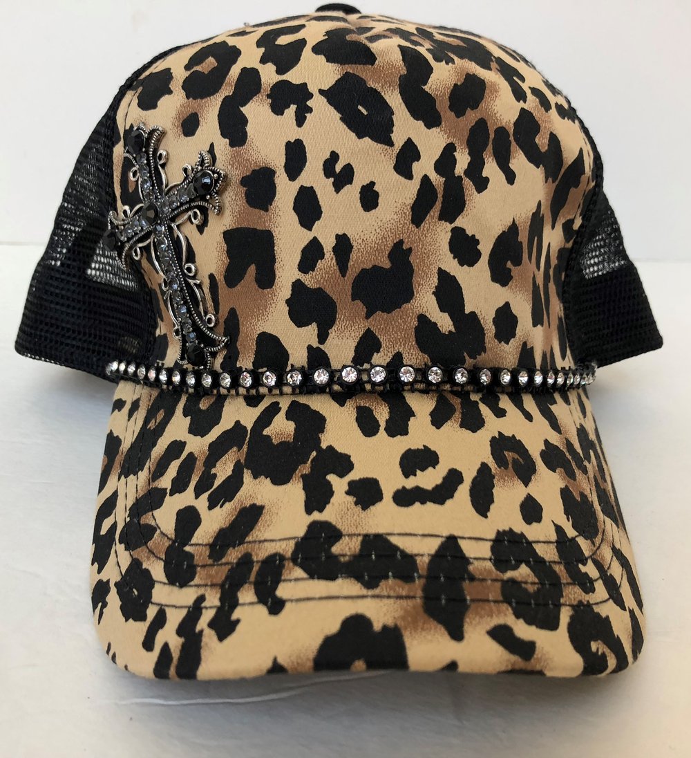 Leopard Trucker Hat with a Black Crystal Cross