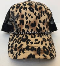 Image 2 of Leopard Trucker Hat with a Black Crystal Cross