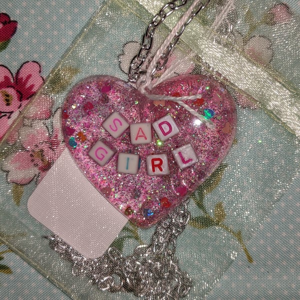 Image of Pink Glitter Sad Girl Necklace