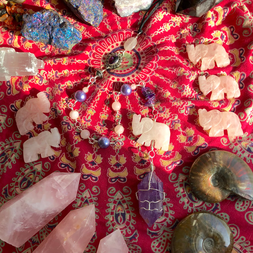 Image of "Sweetly Soothing" Rose Quartz Elephant & Amethyst Wand Wall-Hanging