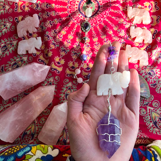 Image of "Sweetly Soothing" Rose Quartz Elephant & Amethyst Wand Wall-Hanging