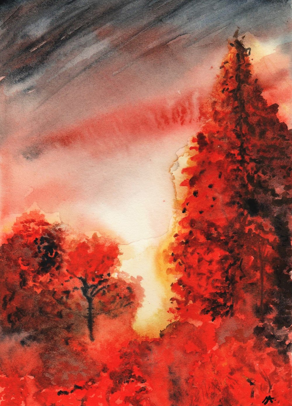 Image of Original Firey Sunset Watercolour Painting