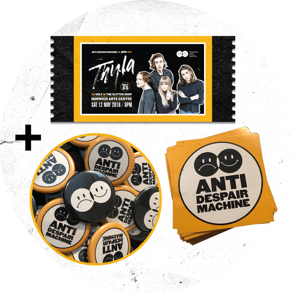 Image of THYLA gig ticket + badge + sticker