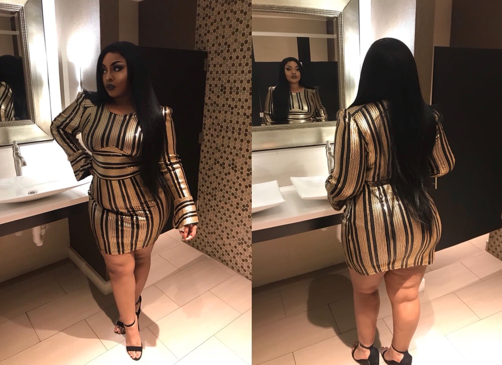 Image of Plus Size Long Sleeve BodyCon Dress with Sheer Sequin Front in Gold and Black