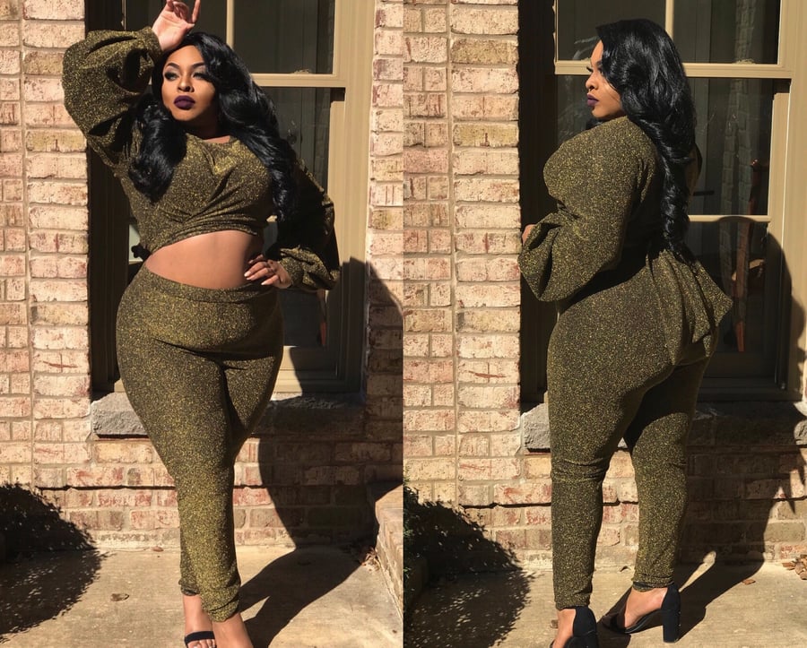 Image of New Plus Size 2 Piece Shimmer Top and Pants Set with Bow Tie in Gold and Black