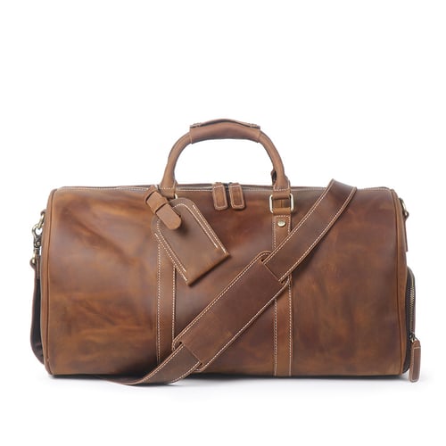 Image of Vintage Crazy Horse Leather Duffle Bag, Travel Bag with Shoes Compartment, Weekend Bag S12026