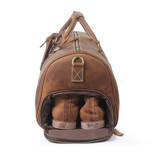 Image of Vintage Crazy Horse Leather Duffle Bag, Travel Bag with Shoes Compartment, Weekend Bag S12026