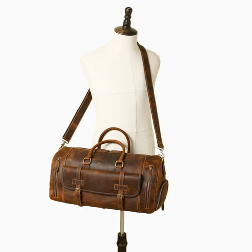 Image of Handmade Vintage Brown Leather Duffle Bag with Shoes Compartment, Travel Bag LJ1188