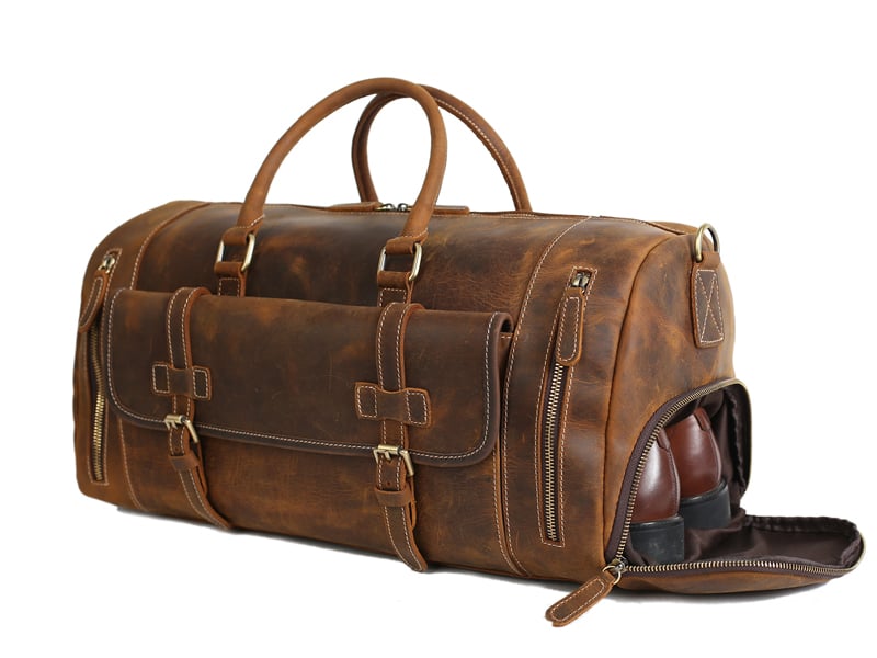 Image of Handmade Vintage Brown Leather Duffle Bag with Shoes Compartment, Travel Bag LJ1188