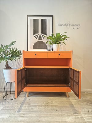 Image of Slim / Narrow hallway Sideboard in Tuscan Orange with black knobs.