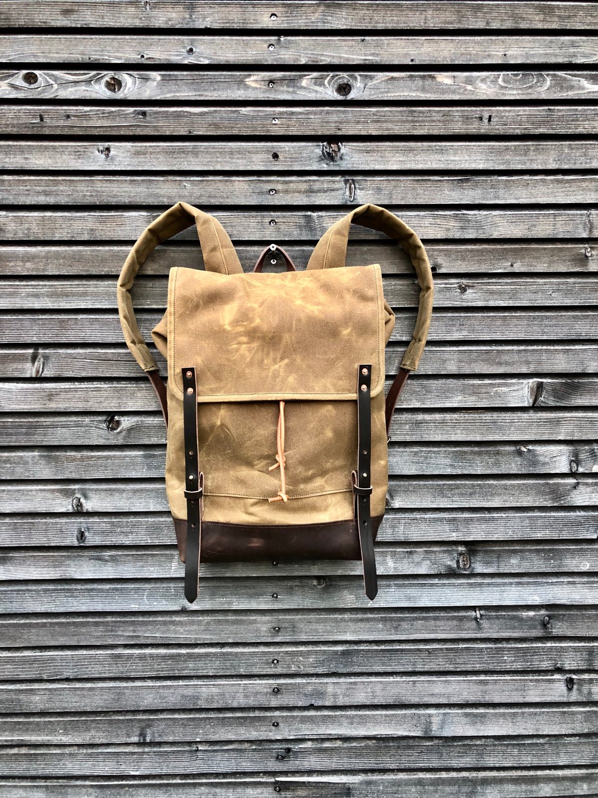 Image of Waxed canvas backpack / rucksack with folded top and waxed canvas flap